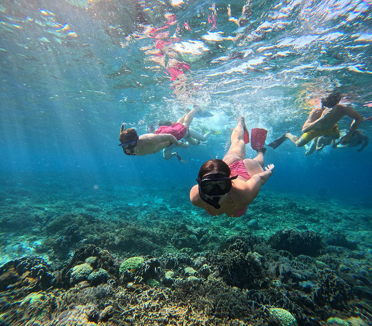 Snorkeling above a colorful coral reef at Manjarite Island
